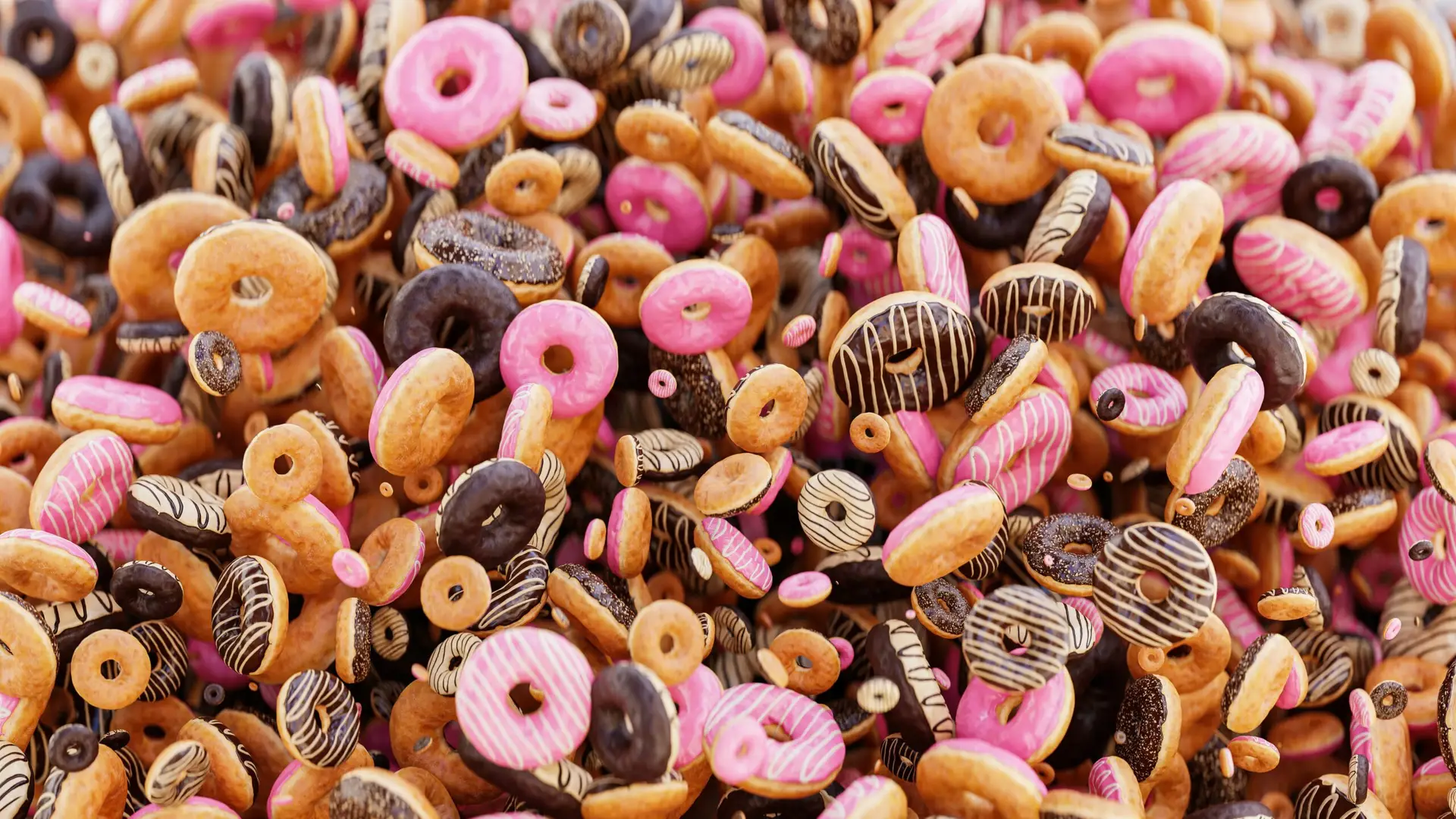 Many different doughnuts of different sizes. Doughnuts are often go to when there's a sugar craving!